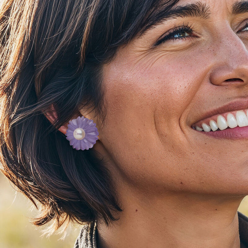 8-8.5mm Cultured Pearl and Lavender Jade Flower Earrings with 14kt Yellow Gold image number 1