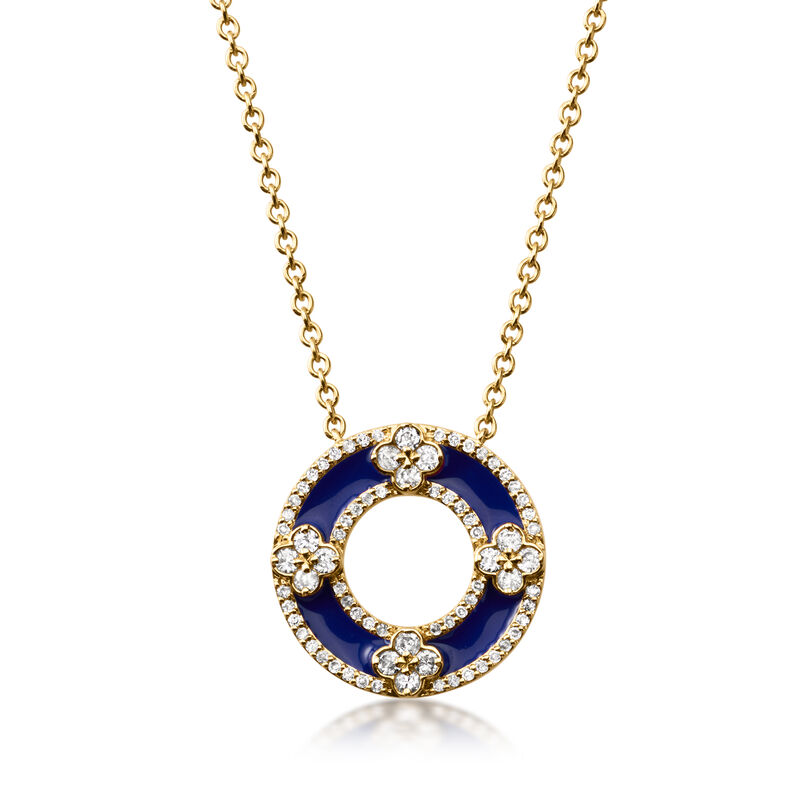 C. 1980 Vintage .80 ct. t.w. Diamond and Blue Enamel Circle Necklace in 14kt Yellow Gold. 15.75" image number 0