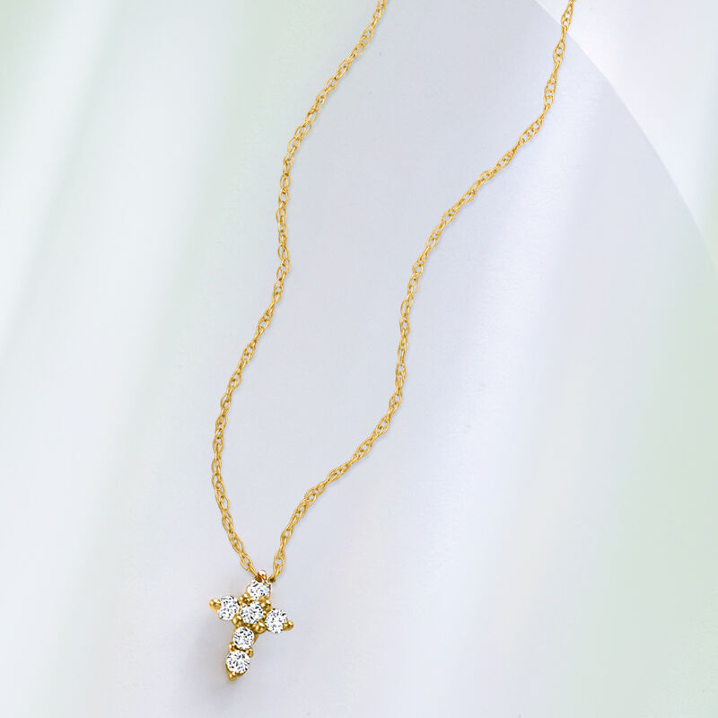 .10 ct. t.w. Diamond Petite Cross Necklace in 10kt Yellow Gold. 18"