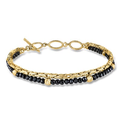 16.00 ct. t.w. Black Spinel Bead and 18kt Gold Over Sterling Byzantine Two-Row Toggle Bracelet