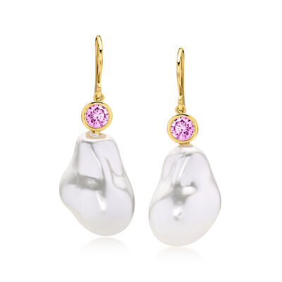 14kt Yellow Gold-Plated Drop Earrings with Simulated Pink Gemstones and Pearls