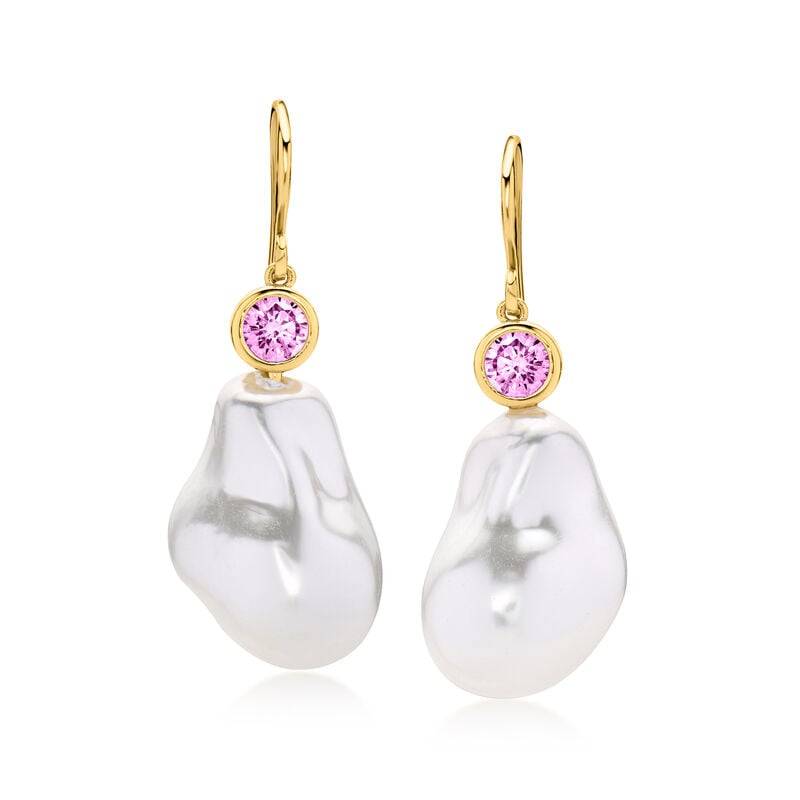14kt Yellow Gold-Plated Drop Earrings with Simulated Pink Gemstones and Pearls  image number 0