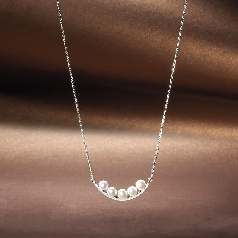 5.5-6mm Cultured Pearl Curved Bar Necklace in Sterling Silver image number 3