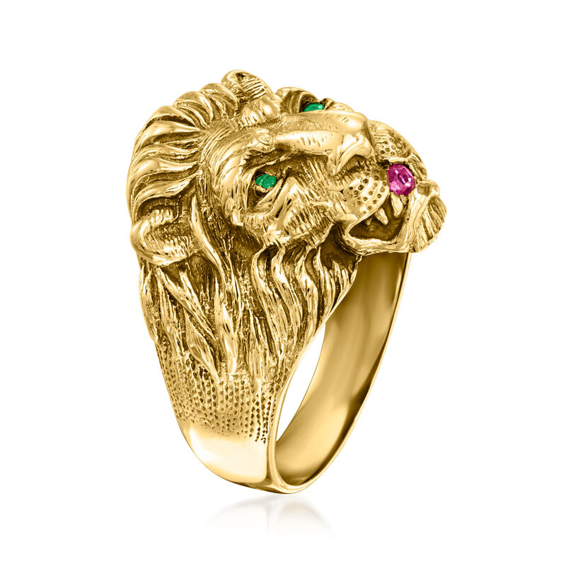 1970 Vintage 14kt Yellow Gold Lion Ring with Emerald and Ruby - Main Image