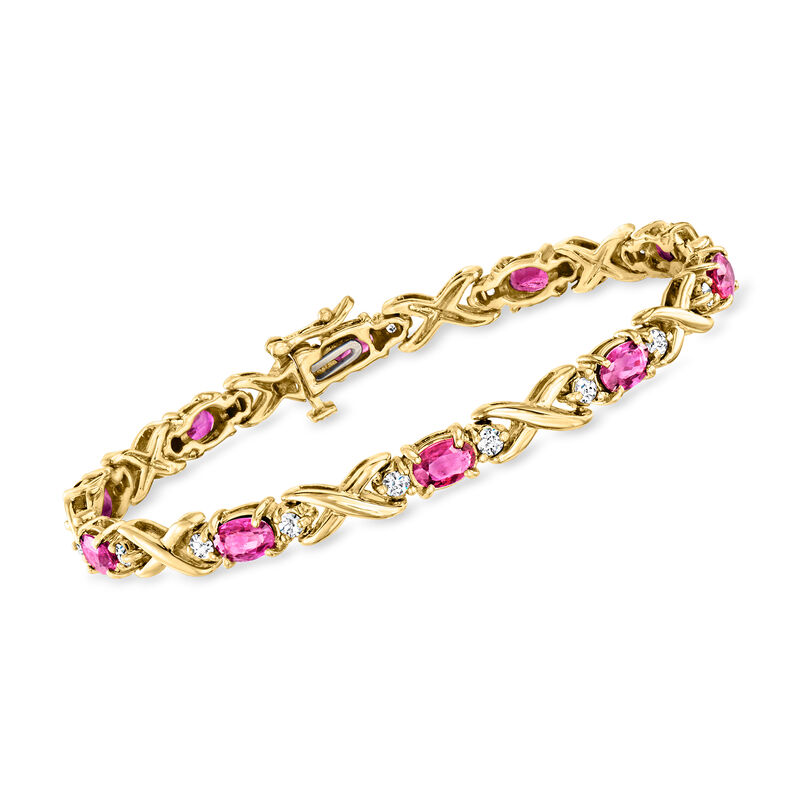 C. 1980 Vintage 6.50 ct. t.w. Ruby and 1.20 ct. t.w. Diamond XO Bracelet in 14kt Yellow Gold. 7.75&quot; image number 0