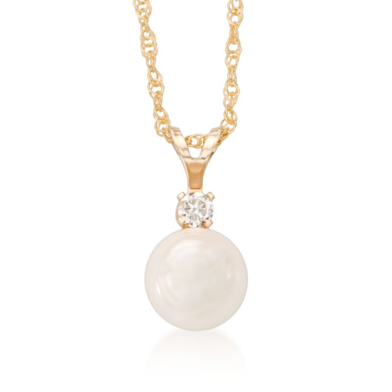 8-8.5mm Cultured Akoya Pearl and Diamond Accent Necklace in 14kt Yellow Gold. 18&quot; image number 1