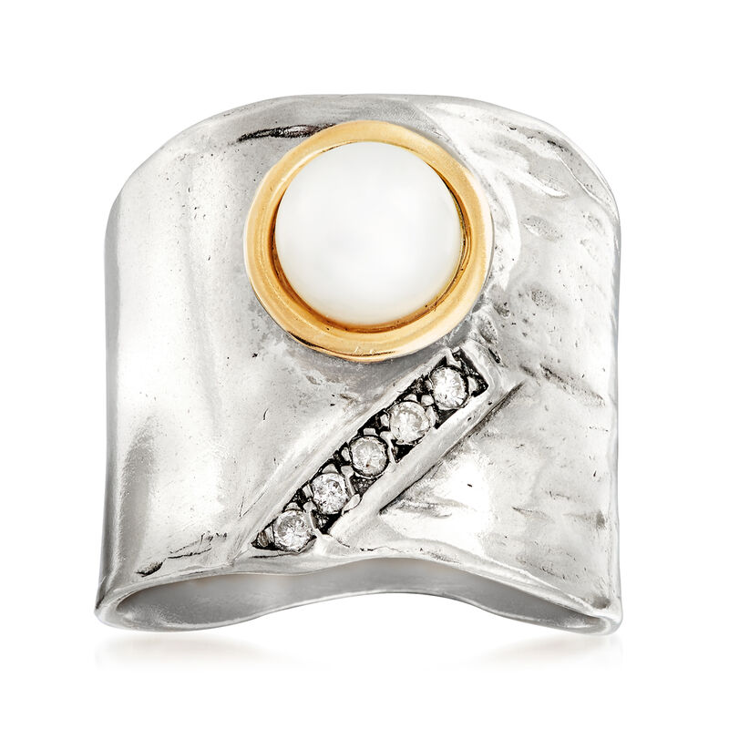 Diamond-Accented 7mm Cultured Pearl Ring in Sterling Silver with 14kt Yellow Gold image number 0