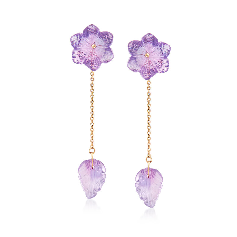8.40 ct. t.w. Amethyst Flower and Leaf Drop Earrings in 14kt Yellow Gold image number 0