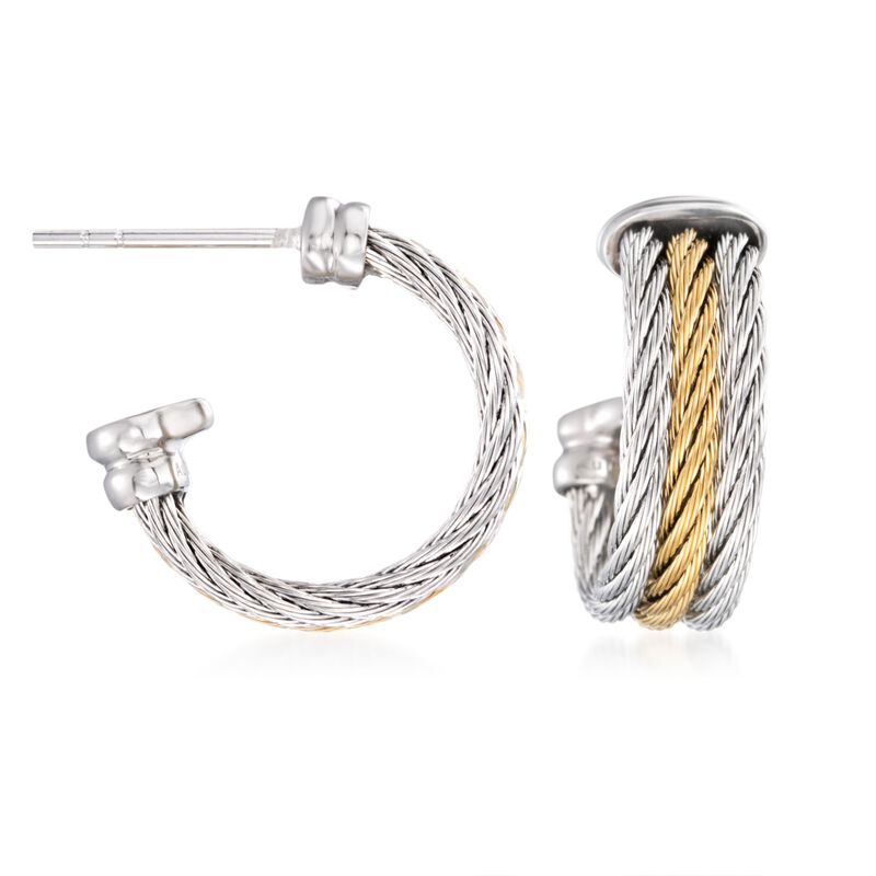 ALOR &quot;Classique&quot; Two-Tone Stainless Steel Multi-Cable Hoop Earrings with 18kt White Gold. 5/8&quot; image number 0
