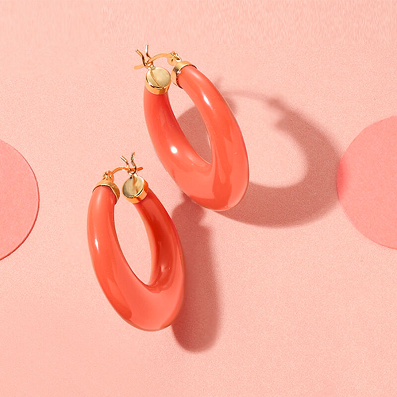 Simulated Coral Hoop Earrings in 14kt Yellow Gold. 1 1/8&quot; image number 2