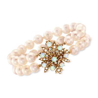 C. 1980 Vintage Cultured Pearl and Opal Two-Strand Bracelet with .15 ct. t.w. Diamonds in 14kt Yellow Gold
