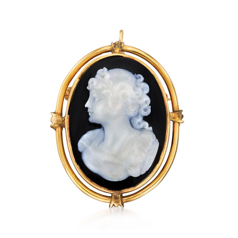 C. 1930 Vintage Black Agate Cameo Pin/Pendant in 14kt Yellow Gold image number 0