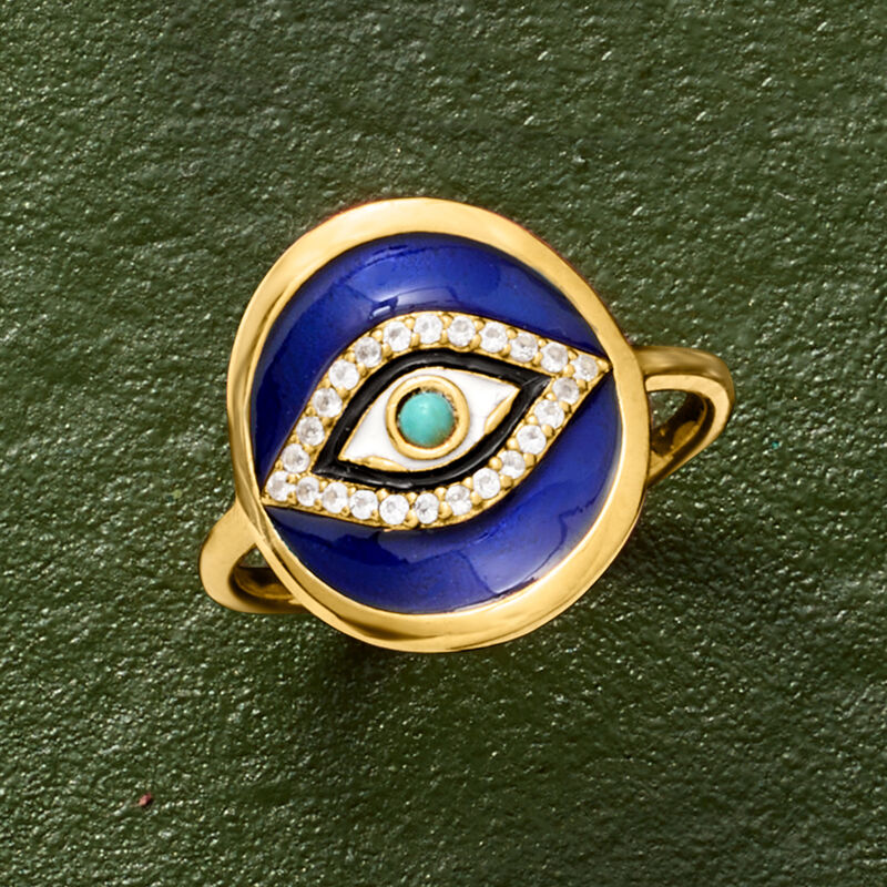 .10 ct. t.w. White Topaz and Multicolored Enamel Evil Eye Ring with Turquoise in 18kt Gold Over Sterling image number 4