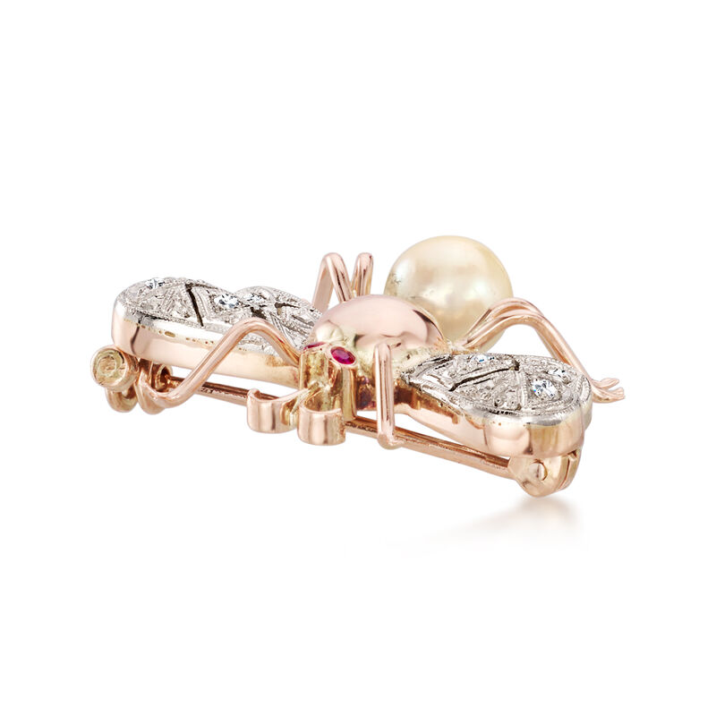 C. 1930 Vintage 6.5mm Cultured Pearl Bumblebee Pin with Diamonds and Rubies in Palladium and 14kt Rose Gold  image number 2