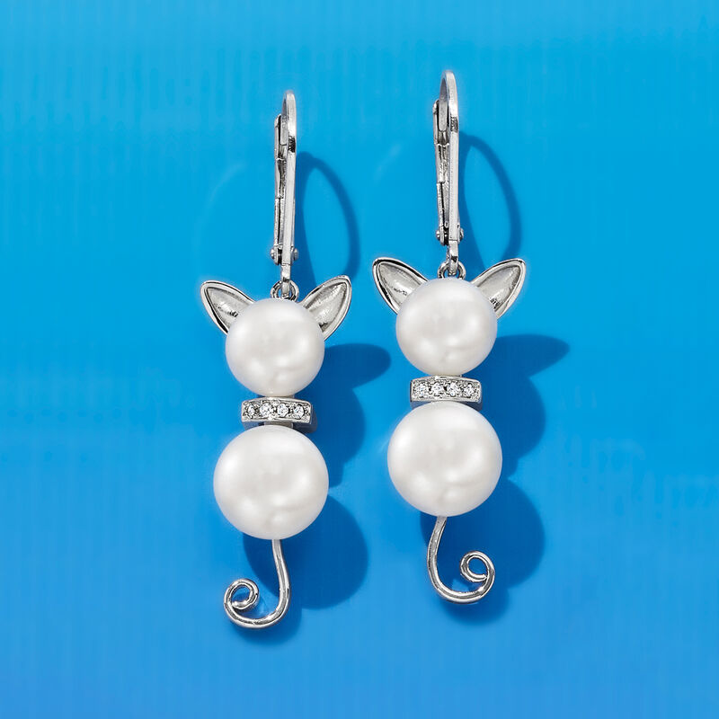 7.5-9mm Cultured Pearl and Diamond Cat Drop Earrings in Sterling Silver image number 4