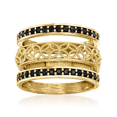 .60 ct. t.w. Black Spinel and Scrollwork Jewelry Set: Three Rings in 18kt Gold Over Sterling