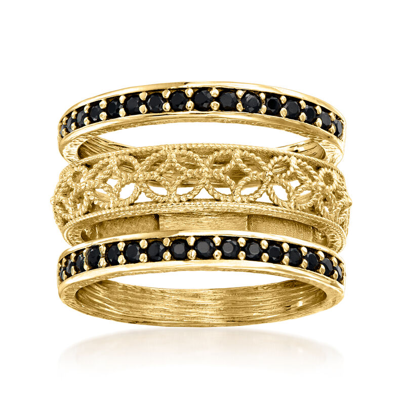 .60 ct. t.w. Black Spinel and Scrollwork Jewelry Set: Three Rings in 18kt Gold Over Sterling image number 0
