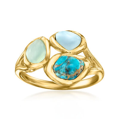 Blue Chalcedony, Larimar and Turquoise Ring in 18kt Gold Over Sterling