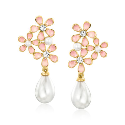 14kt Yellow Gold-Plated and Pink Enamel Flower Earrings with Simulated Gemstones and Pearls