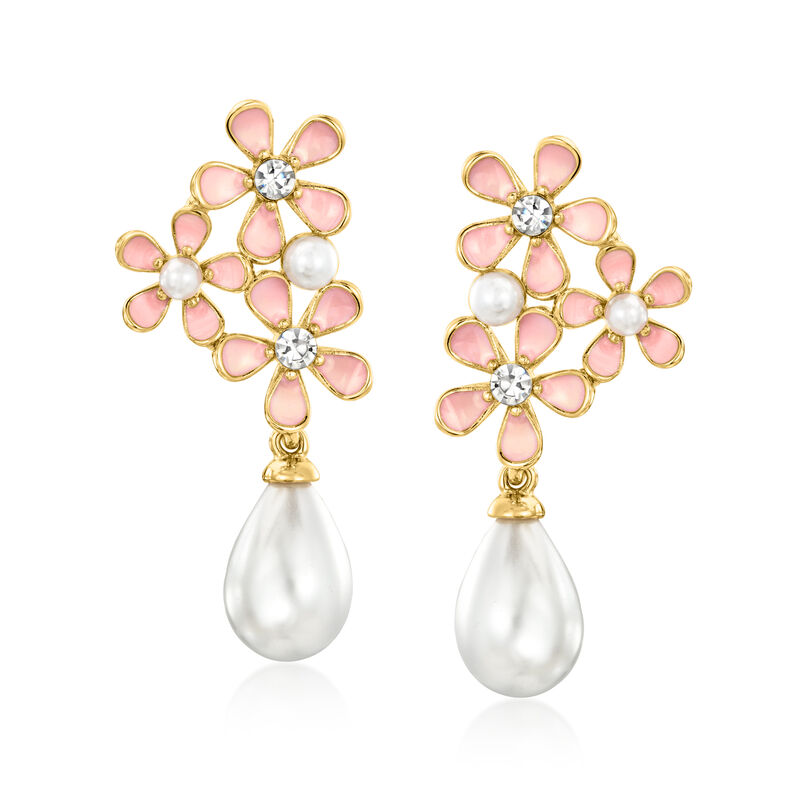 14kt Yellow Gold-Plated and Pink Enamel Flower Earrings with Simulated Gemstones and Pearls  image number 0