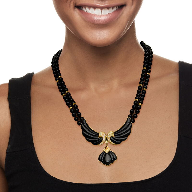 C. 1980 Vintage Onyx, 1.00 ct. t.w. Diamond and .30 Carat Citrine Pin/Necklace in 14kt Yellow Gold. 18.5&quot; image number 1
