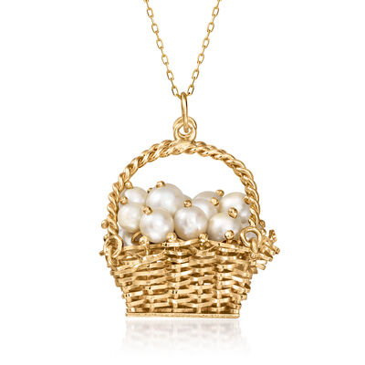 C. 1960 Vintage 4-5mm Cultured Pearl Basket Pendant Necklace in 14kt Yellow Gold