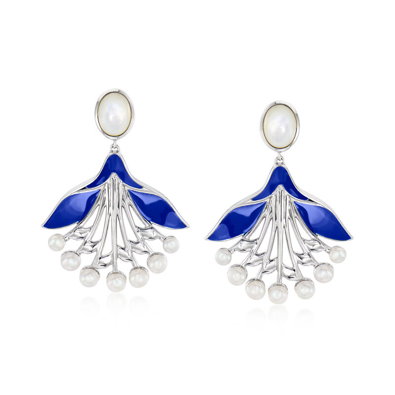Mother-of-Pearl and 3-4mm Cultured Pearl Fan Drop Earrings with Blue Enamel in Sterling Silver image number 0