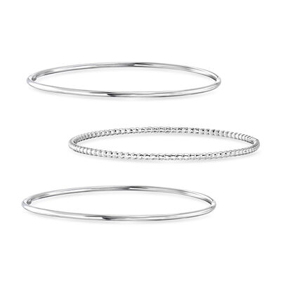 Italian Sterling Silver Jewelry Set: Three Polished and Beaded Bangle Bracelets