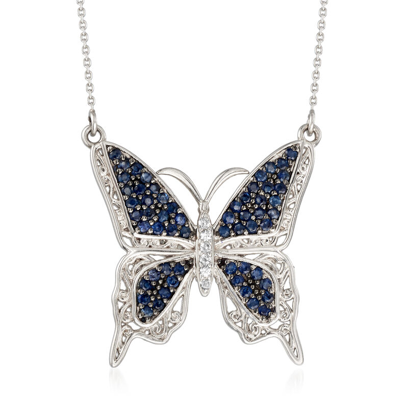 1.10 ct. t.w. Sapphire and .10 ct. t.w. White Zircon Butterfly Necklace in Sterling Silver image number 0
