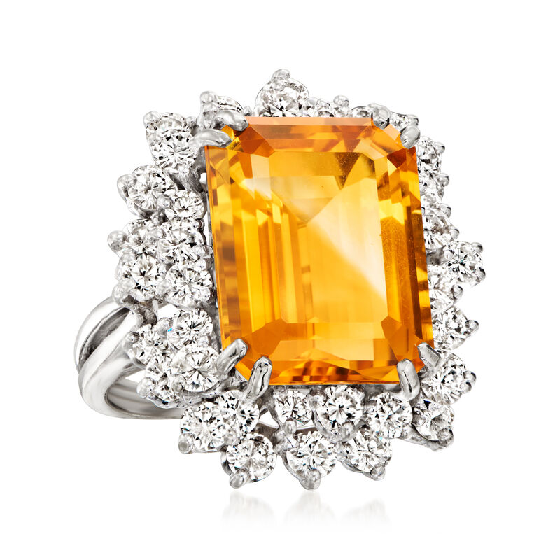 C. 1980 Vintage 11.00 Carat Citrine and 3.15 ct. t.w. Diamond Cocktail Ring in 14kt White Gold. Size 6.5 image number 3