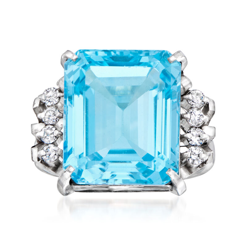 C. 1970 Vintage 11.28 Carat Swiss Blue Topaz and .17 ct. t.w. Diamond Cocktail Ring in Platinum. Size 5 image number 0