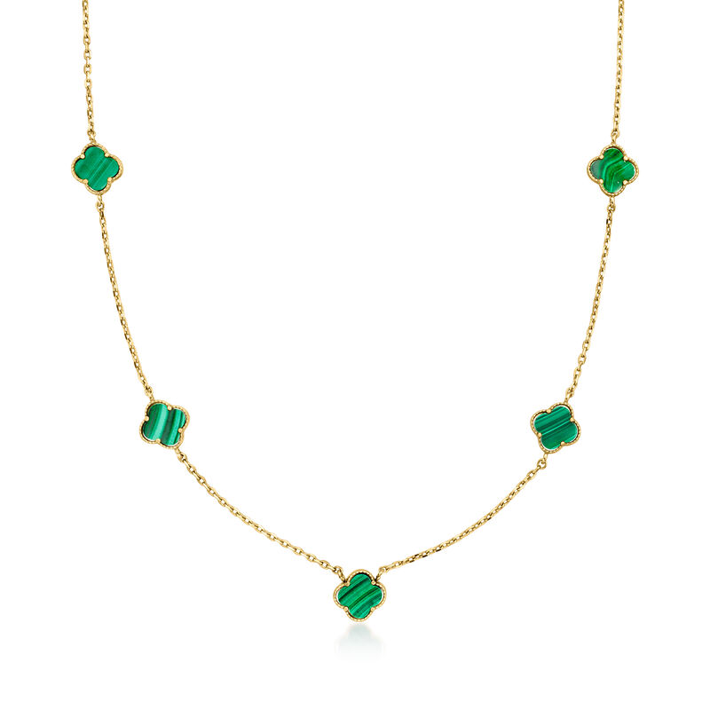 C. 2000 Vintage Malachite Clover Station Necklace in 10kt Yellow Gold image number 0