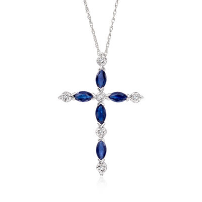 C. 1990 Vintage .75 ct. t.w. Sapphire Cross Pendant Necklace with Diamonds in 10kt White Gold