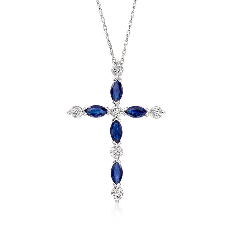C. 1990 Vintage .75 ct. t.w. Sapphire Cross Pendant Necklace with Diamonds in 10kt White Gold. 18" image number 0