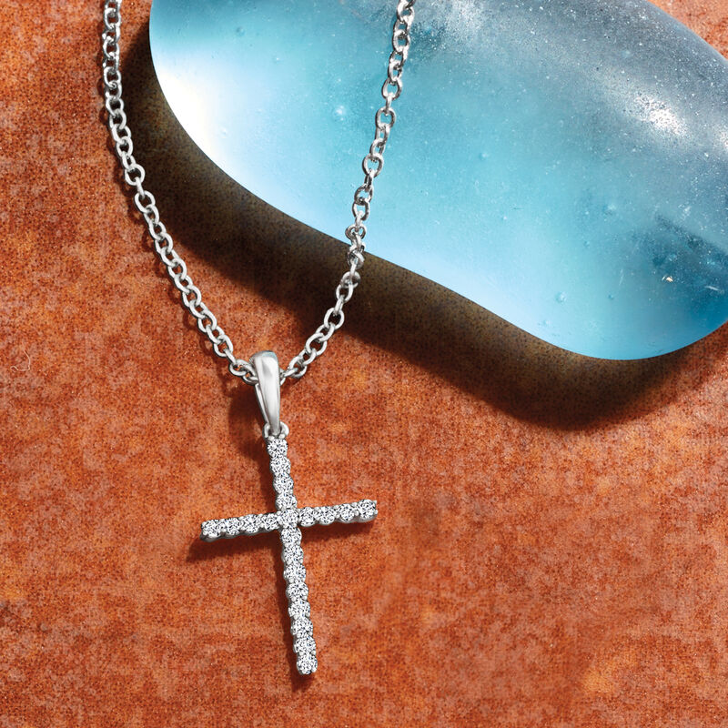 Diamond Cross Pendant Necklace in Sterling Silver. 16&quot; image number 2