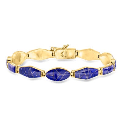 C. 1980 Vintage Lapis Mosaic Bracelet in 14kt Yellow Gold