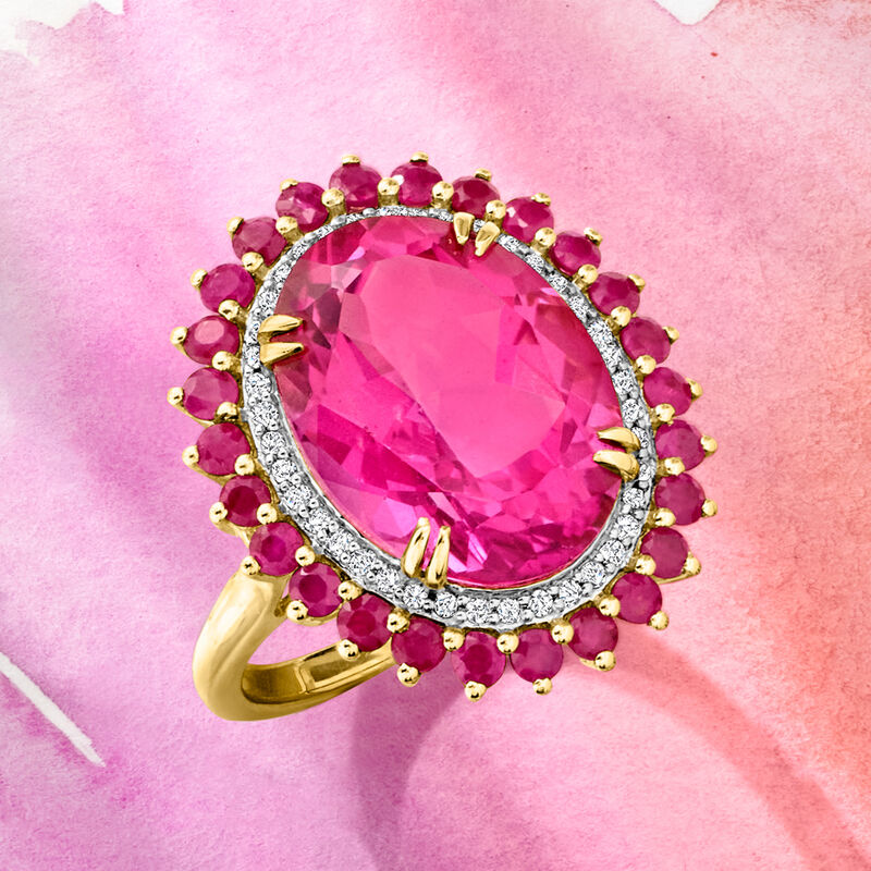8.25 Carat Pink Topaz and .90 ct. t.w. Ruby Cocktail Ring with .19 ct. t.w. Diamonds in 14kt Yellow Gold image number 4