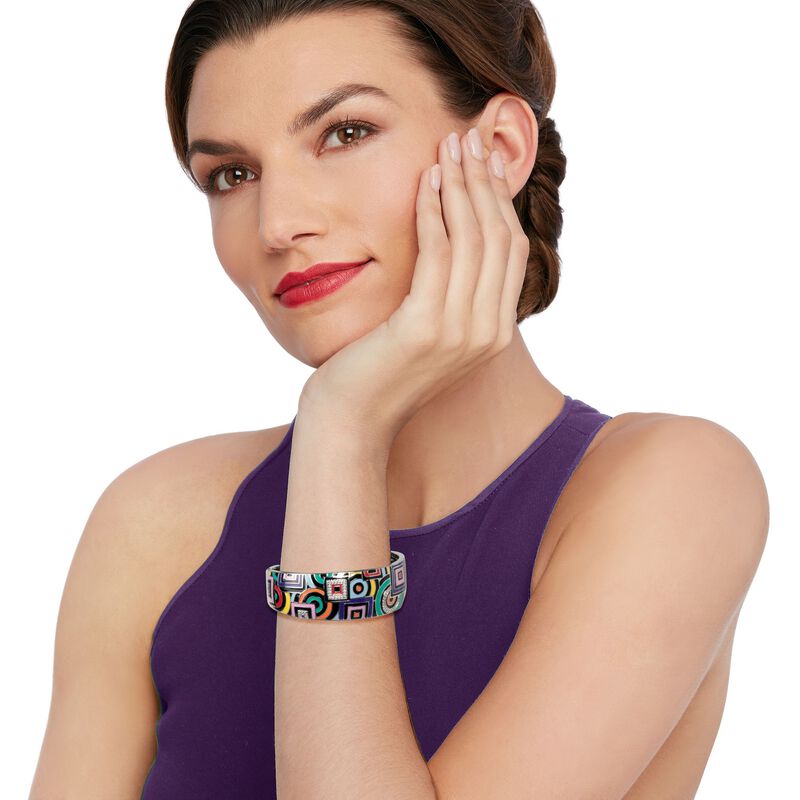 Belle Etoile &quot;Geometrica&quot; Multicolored Enamel and .25 ct. t.w. CZ Cuff Bracelet in Sterling Silver. 7&quot; image number 1