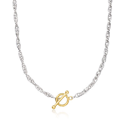 Sterling Silver and 18kt Gold Over Sterling Singapore-Chain Toggle Necklace
