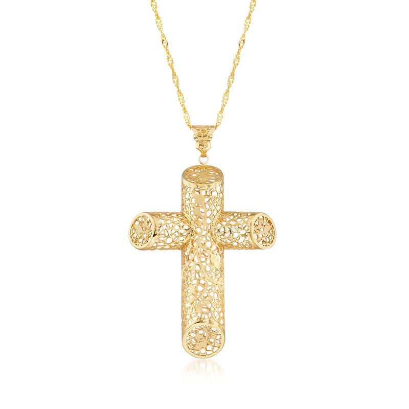 Italian 18kt Yellow Gold Brushed and Polished Angled Filigree Cross Pendant Necklace image number 0