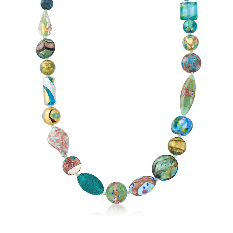 Italian Green and Blue Murano Glass Bead Necklace with 18kt Gold Over Sterling image number 0