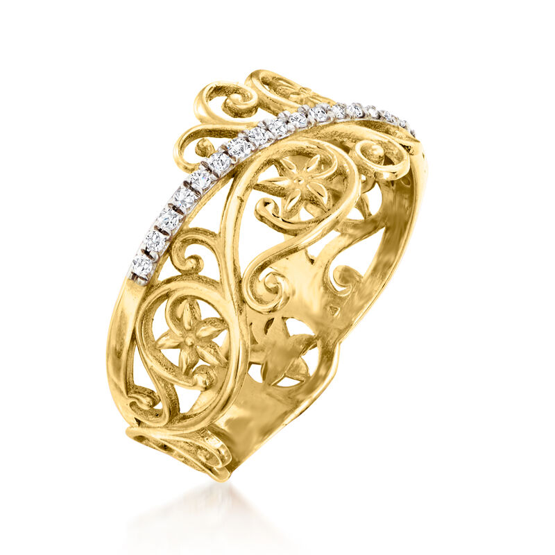 .11 ct. t.w. Diamond Openwork Floral Ring in 14kt Yellow Gold image number 2
