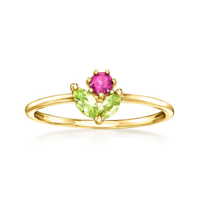 .10 Carat Rhodolite Garnet and .17 ct. t.w. Peridot Flower Ring in 14kt Yellow Gold