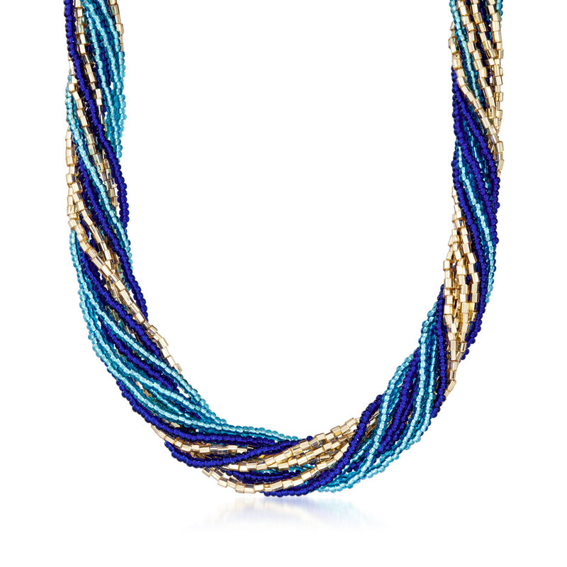 Italian Blue and Golden Murano Glass Bead Torsade Necklace with 18kt Gold Over Sterling image number 0