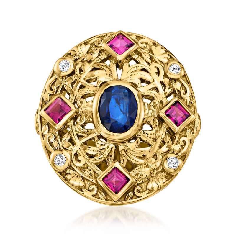 1.30 Carat Kyanite and 1.10 ct. t.w. Rhodolite Garnet Ring with .20 ct. t.w. White Zircon in 18kt Gold Over Sterling image number 0
