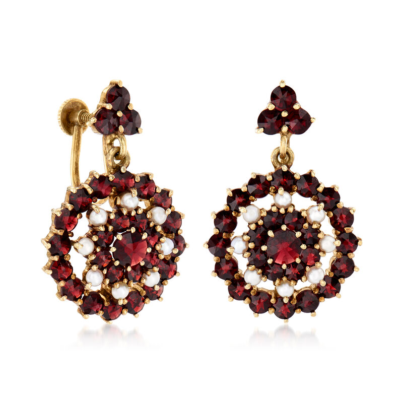 C. 1940 Vintage 3.30 ct. t.w. Garnet and Seed Pearl Drop Earrings in 14kt Yellow Gold image number 2