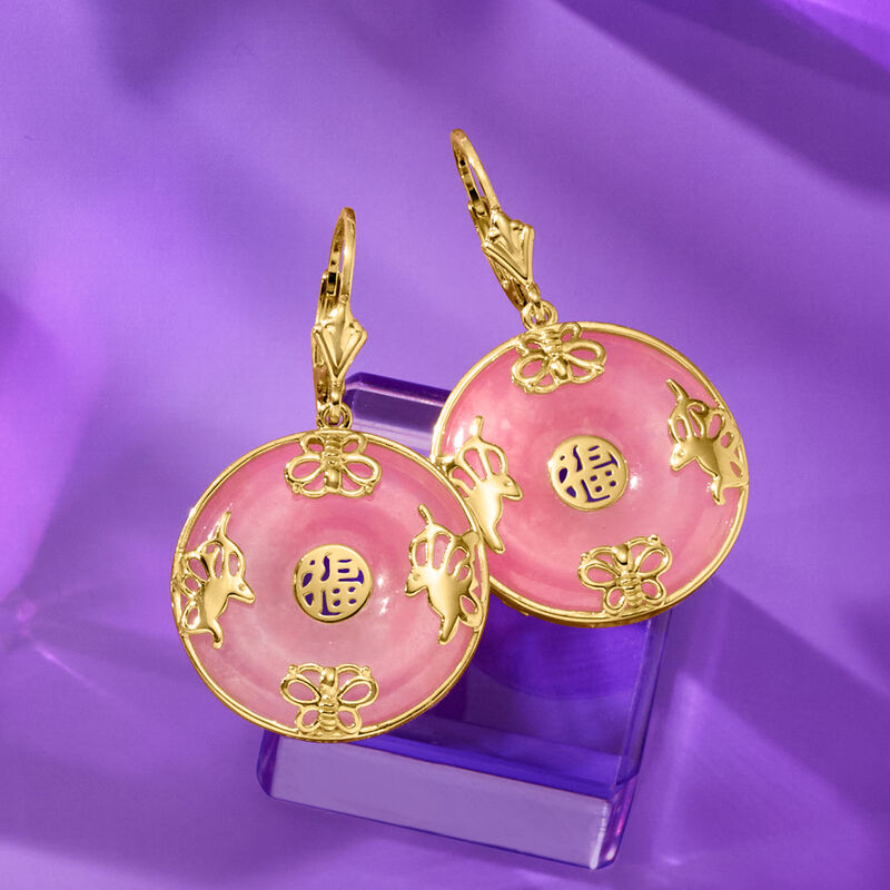 Pink Jade &quot;Good Fortune&quot; Butterfly Drop Earrings in 18kt Gold Over Sterling image number 2
