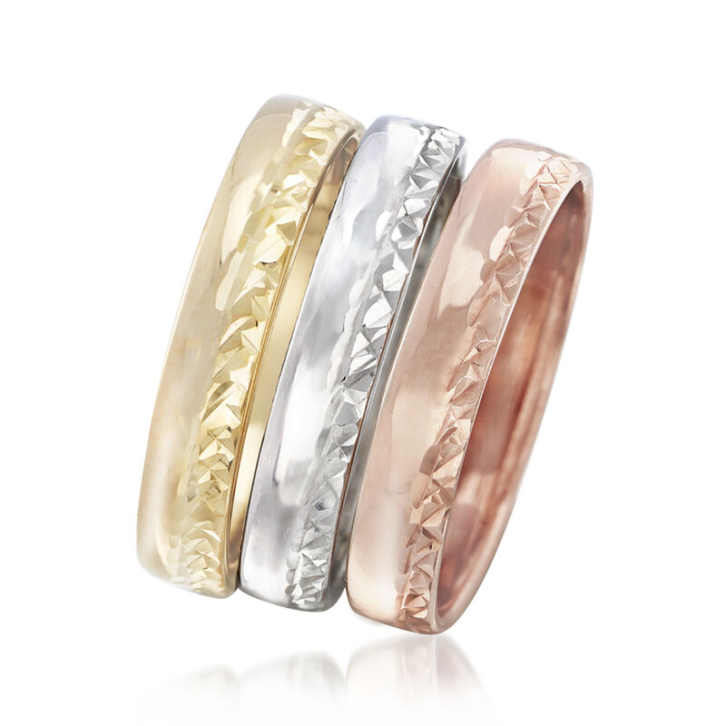 Italian 14kt Tri-Colored Jewelry Set: Three Diamond-Cut Bands image number 2