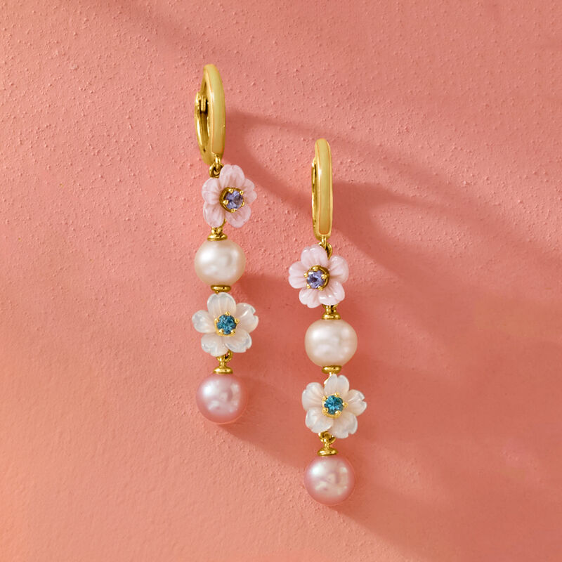 Multicolored Mother-of-Pearl, 6-6.5mm Cultured Pearl and .20 ct. t.w. Multi-Gemstone Flower Drop Earrings in 18kt Gold Over Sterling Silver  image number 2