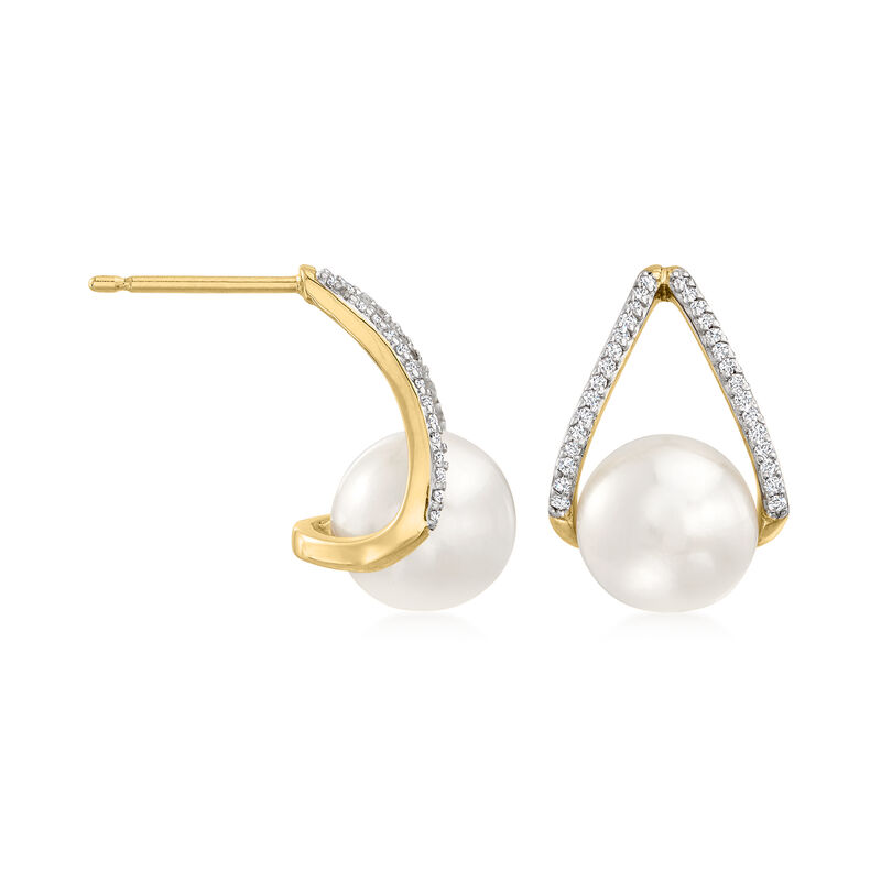 8-8.5mm Cultured Pearl and .12 ct. t.w. Diamond Drop Earrings in 14kt Yellow Gold image number 2